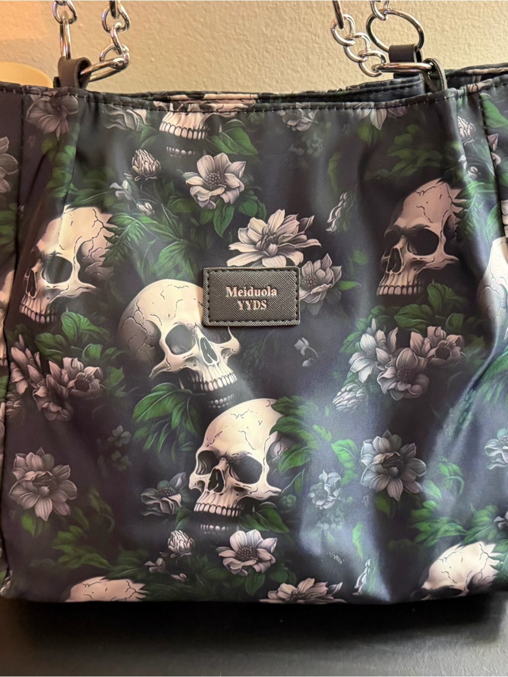 Skull Floral Tote Bag - Black and Green - Picture 1 of 7